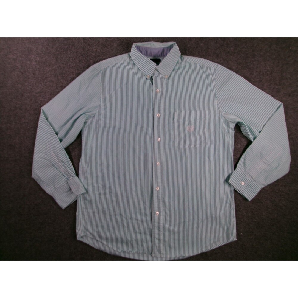 Chaps Shirt Men Medium Green Striped Easy Care Button Up Classic Casual Preppy